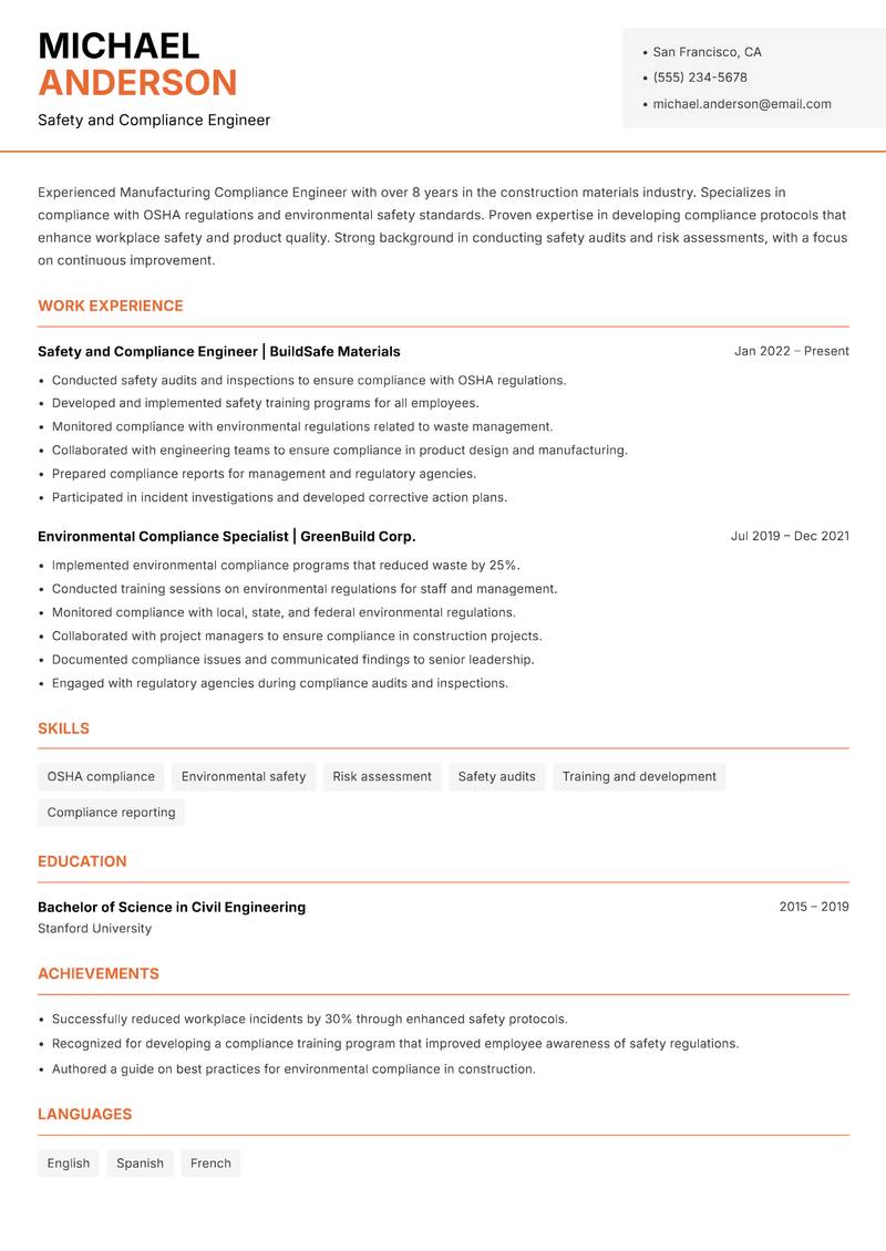 Manufacturing Compliance Engineer resume template — Modern Professional