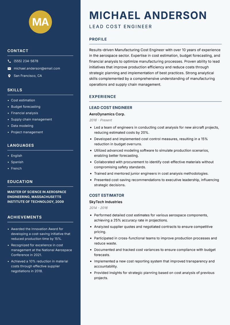 Manufacturing Cost Engineer resume template — Classic Clean