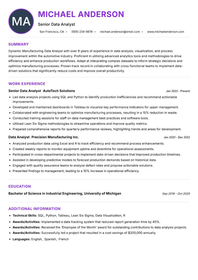 Manufacturing Data Analyst resume example — ATS-friendly template