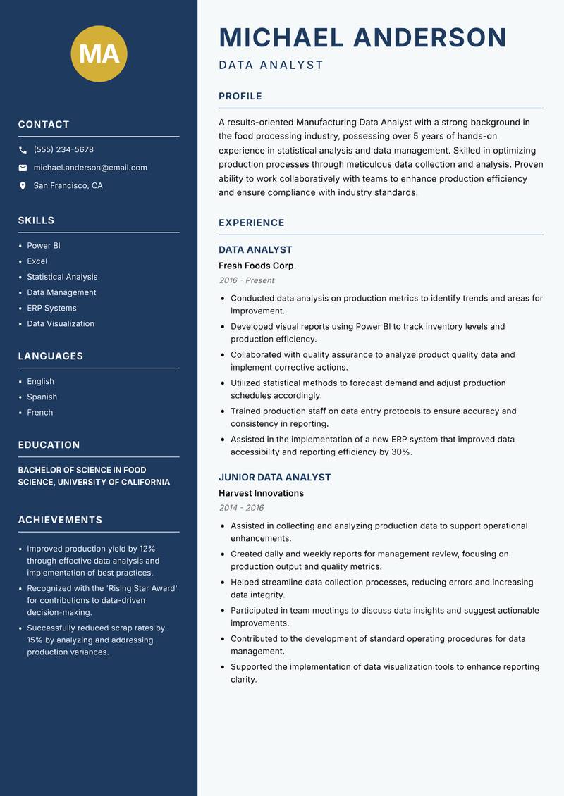 Manufacturing Data Analyst resume template — Classic Clean