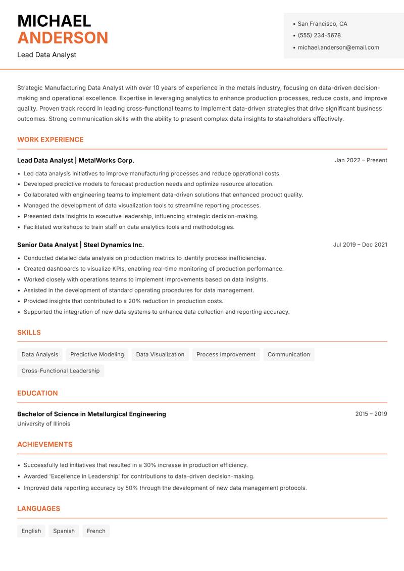 Manufacturing Data Analyst resume template — Modern Professional