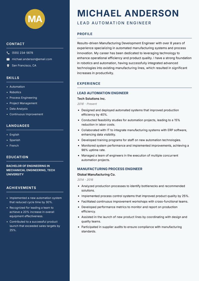 Manufacturing Development Engineer resume template — Classic Clean