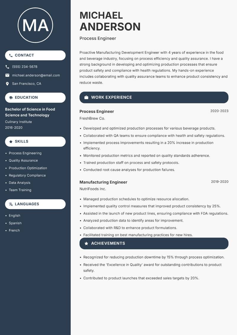 Manufacturing Development Engineer resume template — Compact