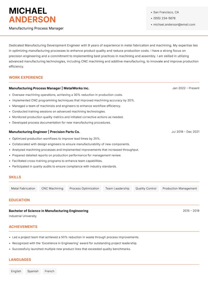Manufacturing Development Engineer resume template — Modern Professional