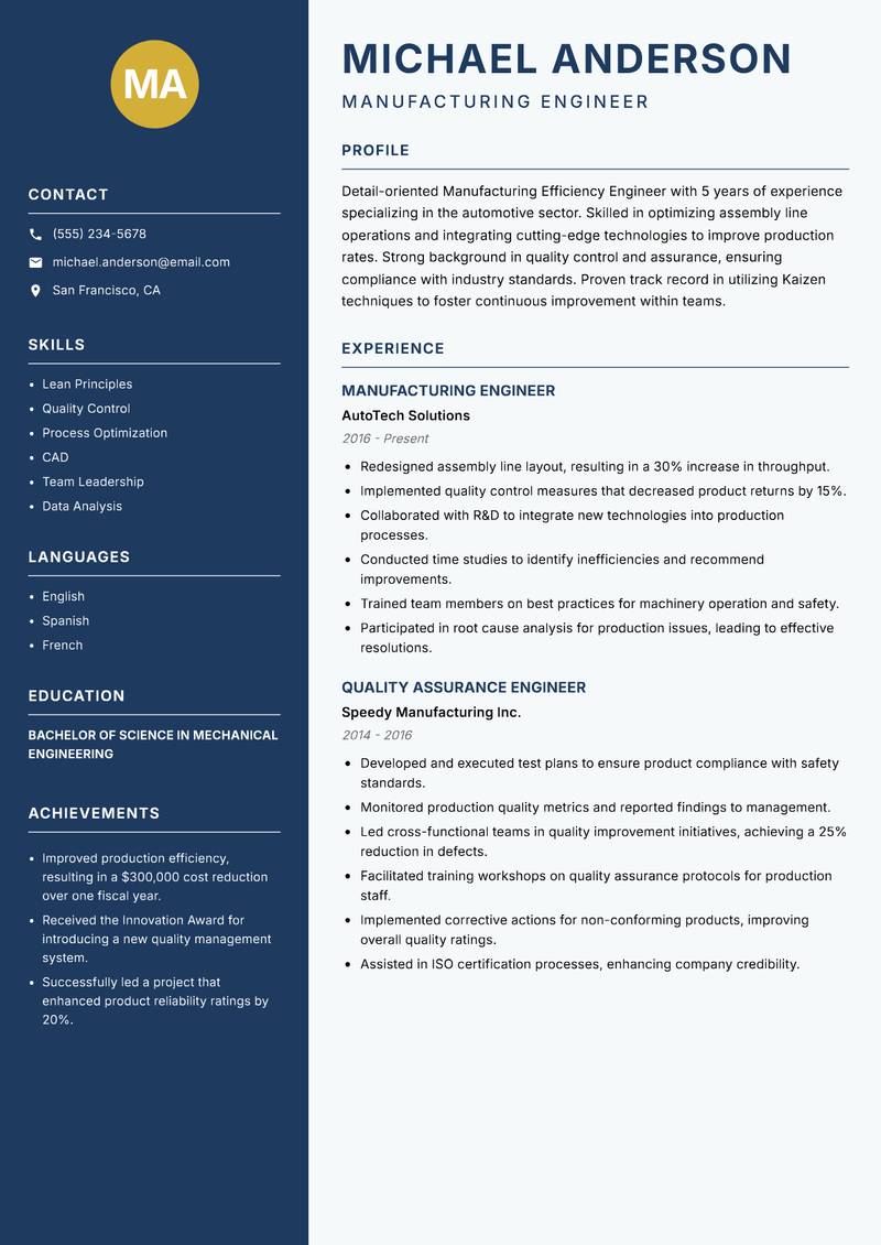 Manufacturing Efficiency Engineer resume template — Classic Clean