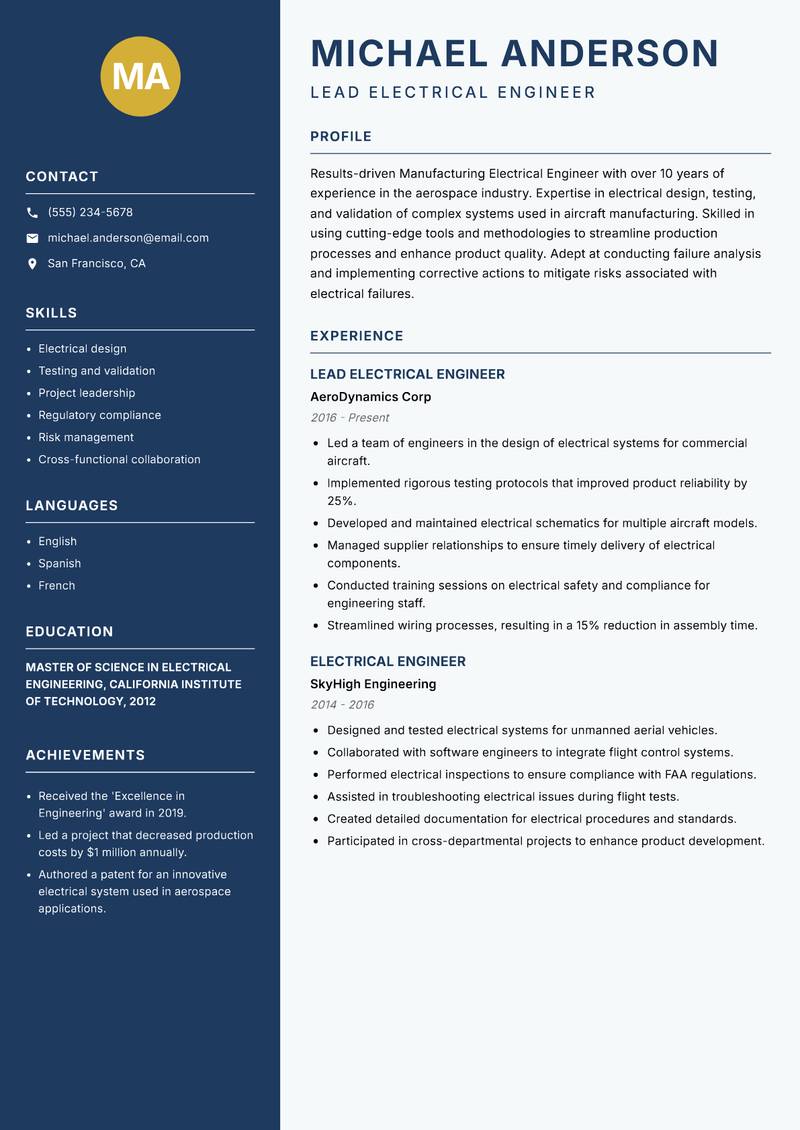 Manufacturing Electrical Engineer resume template — Classic Clean