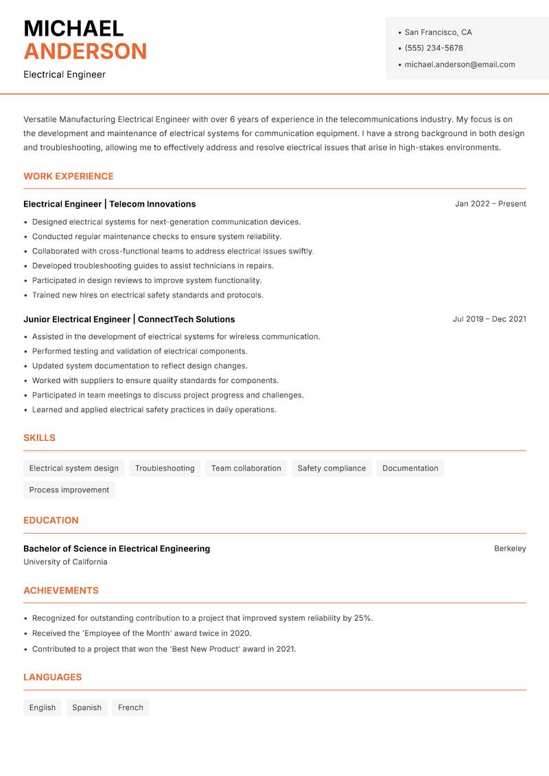 Manufacturing Electrical Engineer resume template — Modern Professional