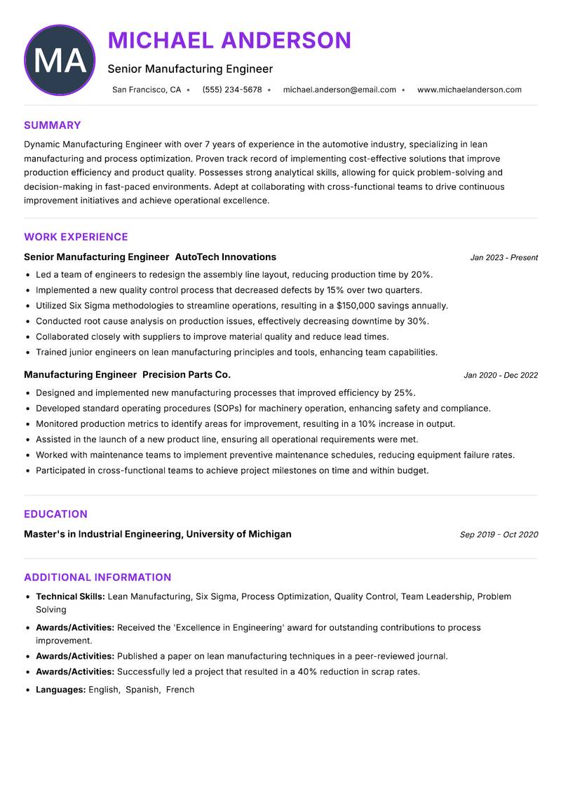 Manufacturing Engineer resume example — ATS-friendly template