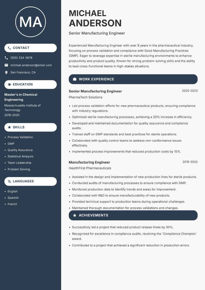 Manufacturing Engineer resume template — Compact