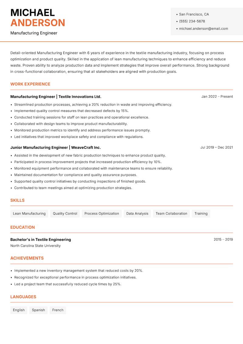 Manufacturing Engineer resume template — Modern Professional