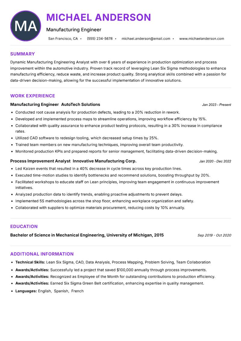 Manufacturing Engineering Analyst resume example — ATS-friendly template