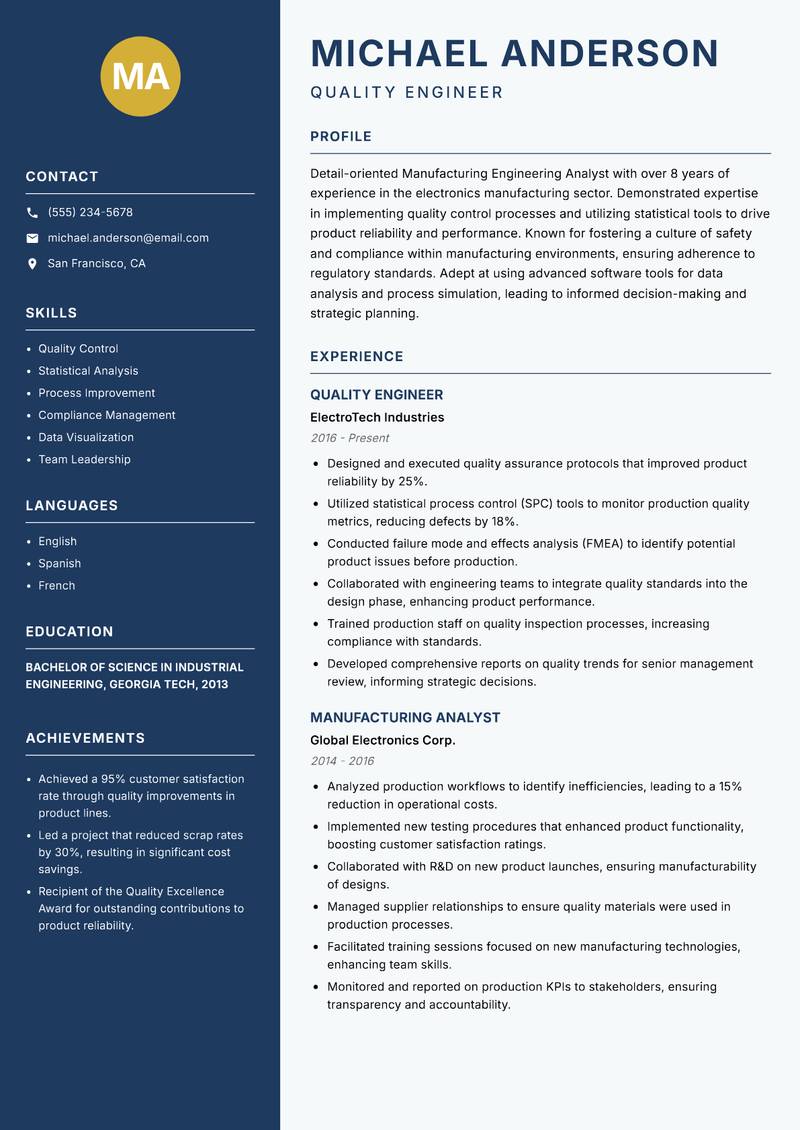 Manufacturing Engineering Analyst resume template — Classic Clean