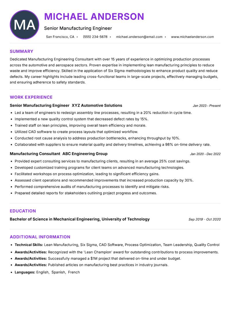 Manufacturing Engineering Consultant resume example — ATS-friendly template