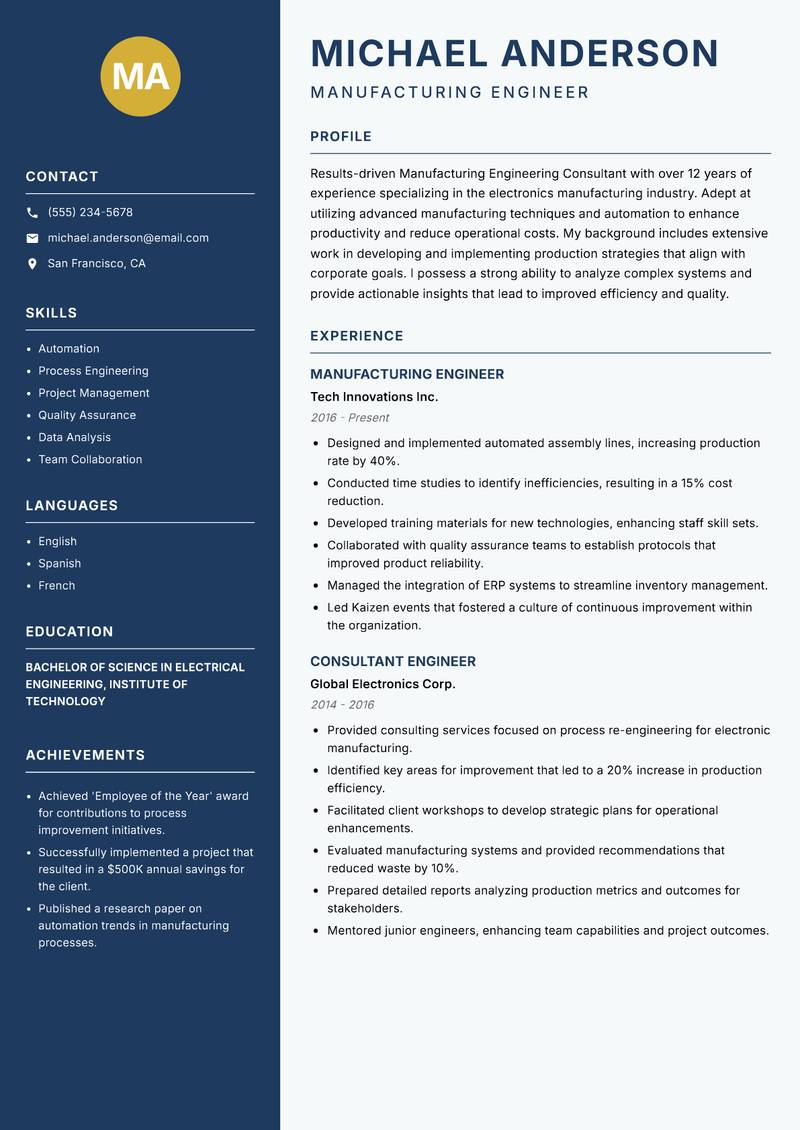 Manufacturing Engineering Consultant resume template — Classic Clean