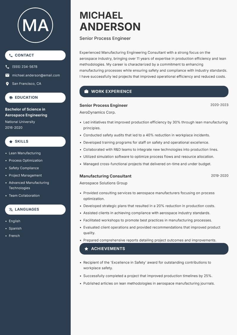 Manufacturing Engineering Consultant resume template — Compact