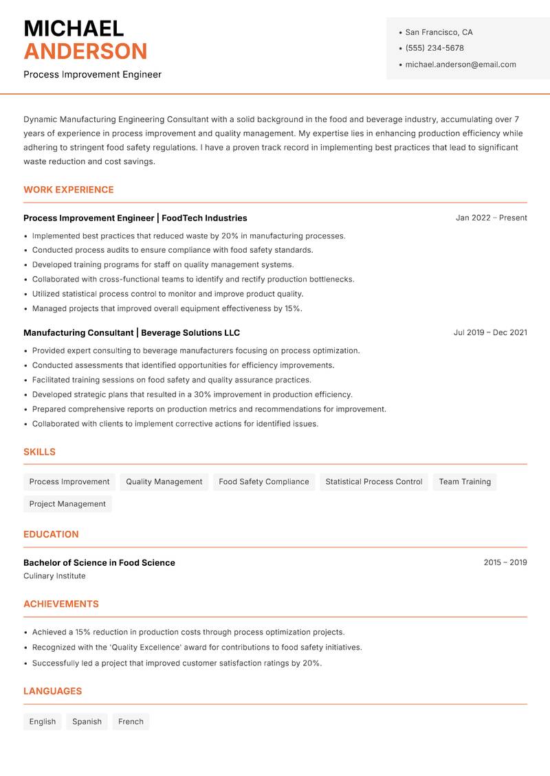 Manufacturing Engineering Consultant resume template — Modern Professional