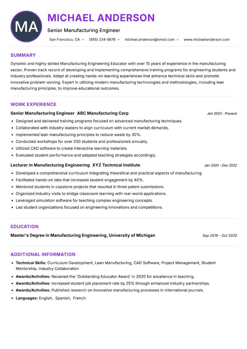 Manufacturing Engineering Educator resume example — ATS-friendly template