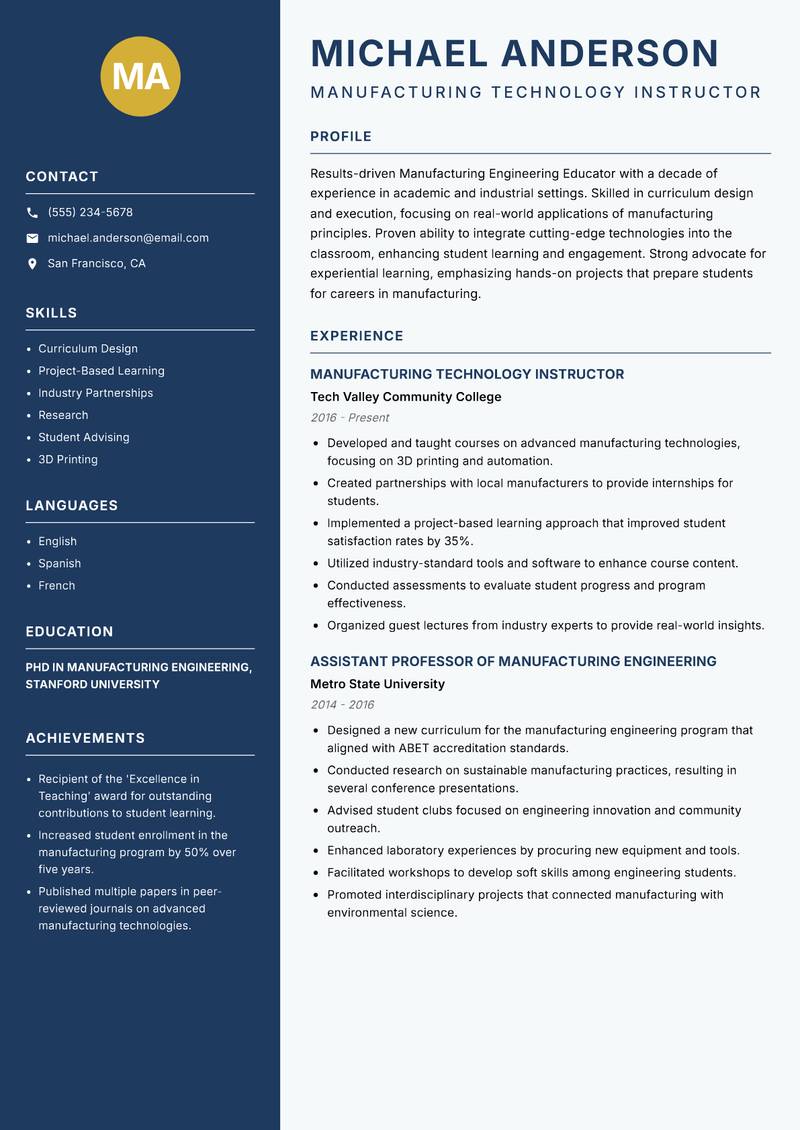 Manufacturing Engineering Educator resume template — Classic Clean