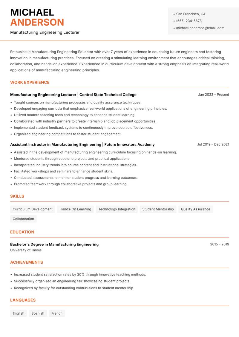 Manufacturing Engineering Educator resume template — Modern Professional
