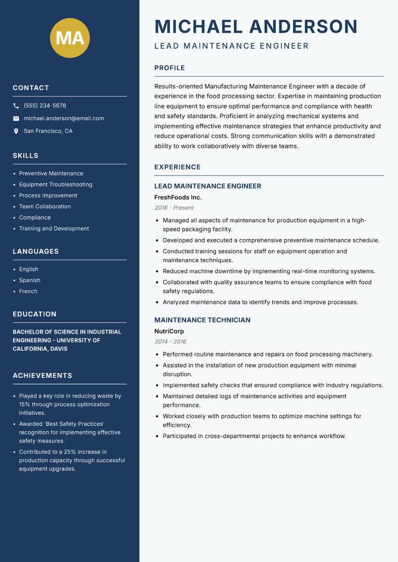 Manufacturing Maintenance Engineer resume template — Classic Clean