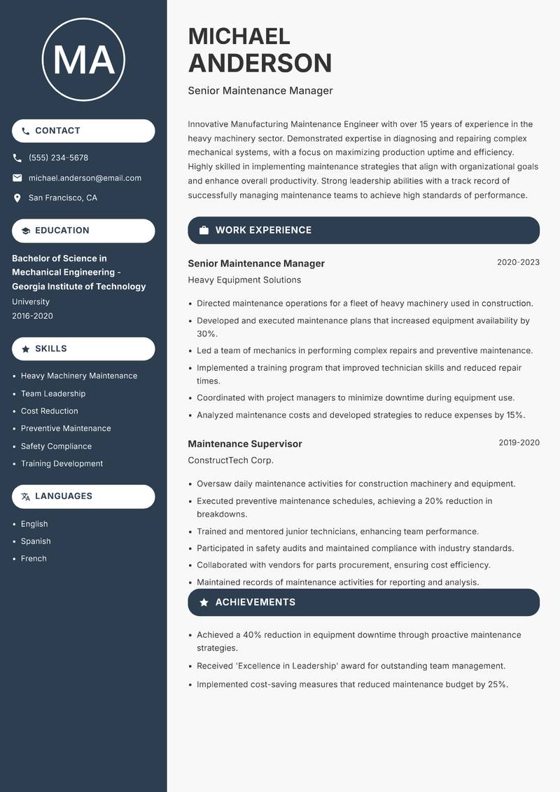 Manufacturing Maintenance Engineer resume template — Compact
