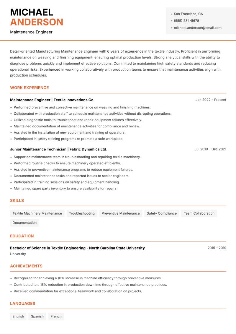 Manufacturing Maintenance Engineer resume template — Modern Professional