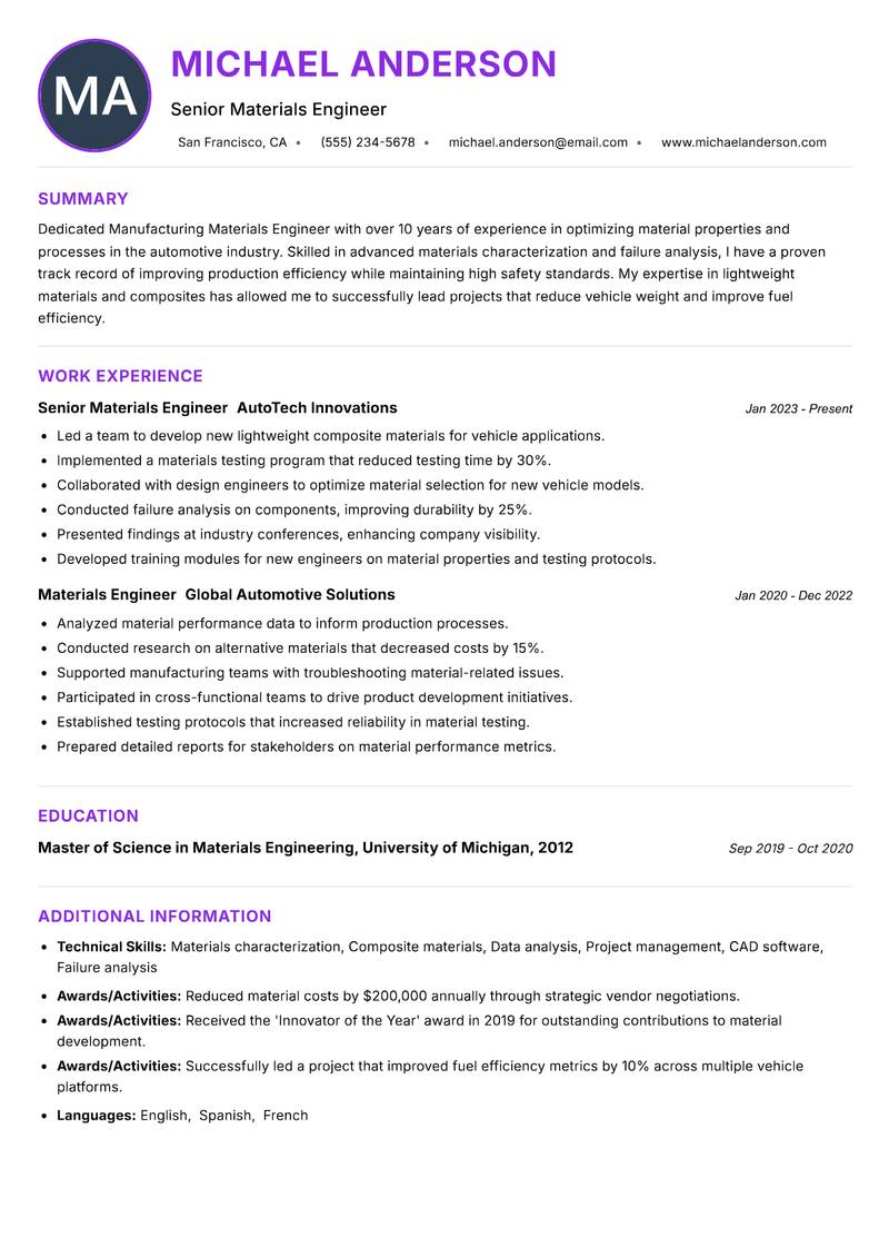 Manufacturing Materials Engineer resume example — ATS-friendly template