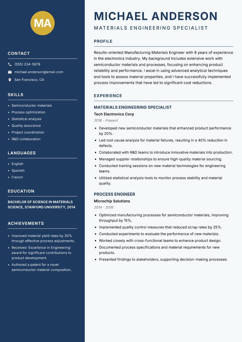 Manufacturing Materials Engineer resume template — Classic Clean