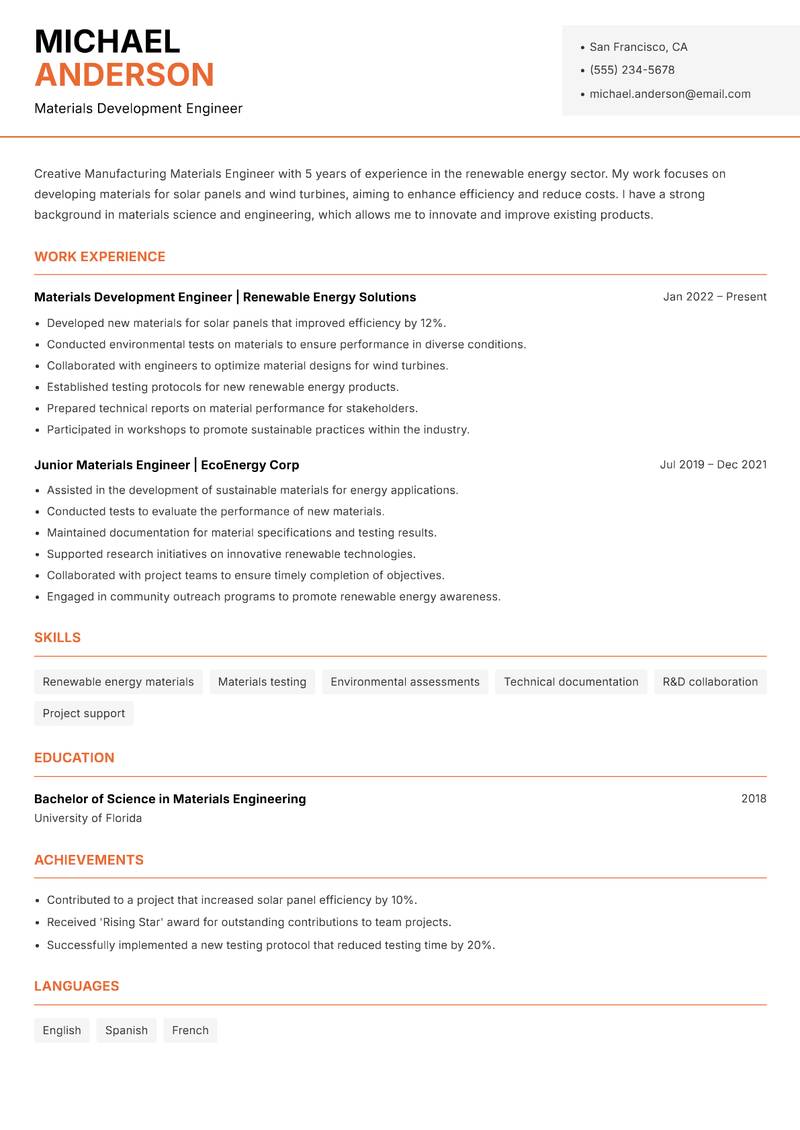 Manufacturing Materials Engineer resume template — Modern Professional