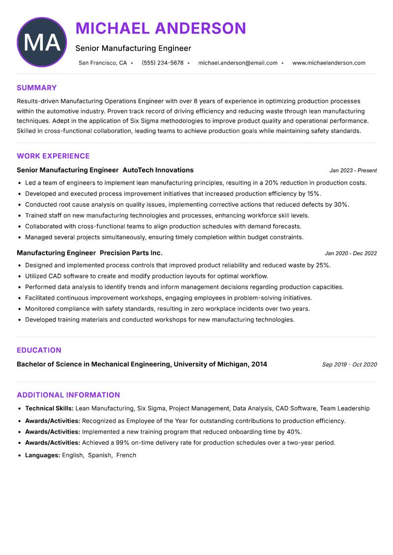 Manufacturing Operations Engineer resume example — ATS-friendly template