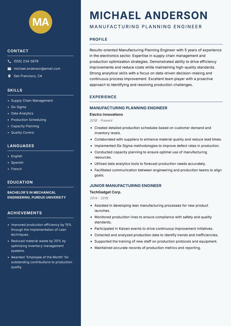 Manufacturing Planning Engineer resume template — Classic Clean