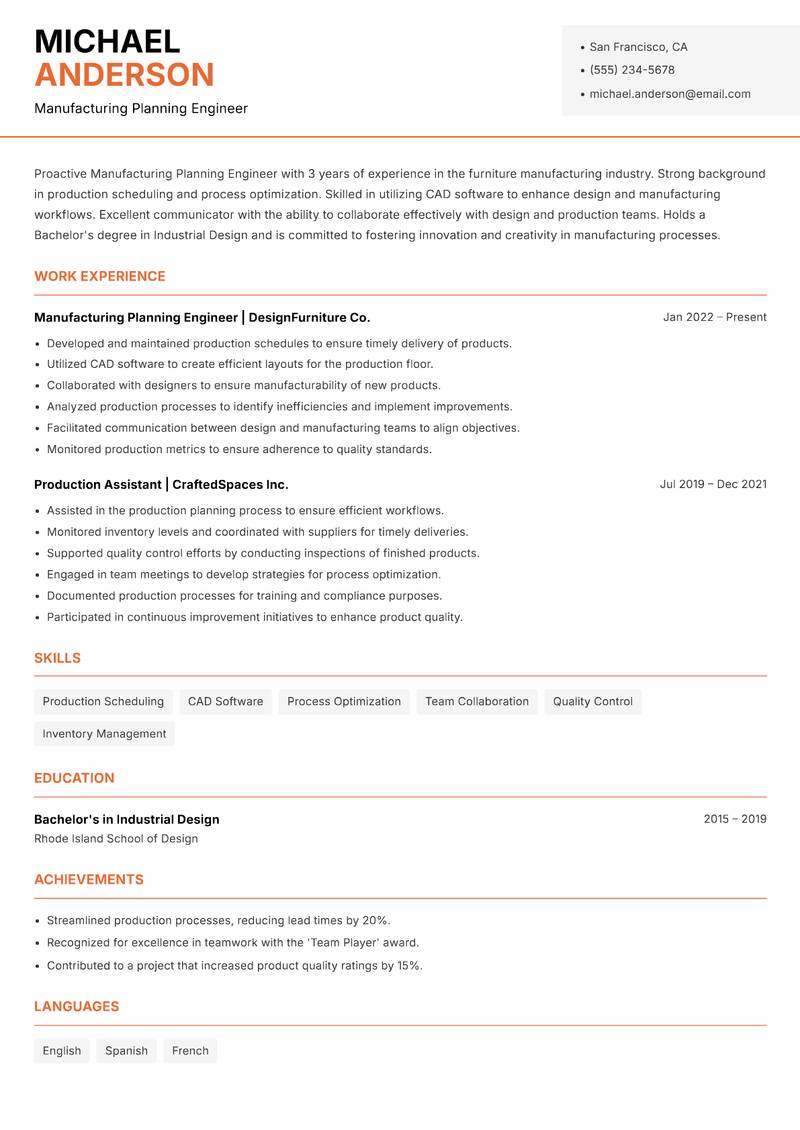 Manufacturing Planning Engineer resume template — Modern Professional