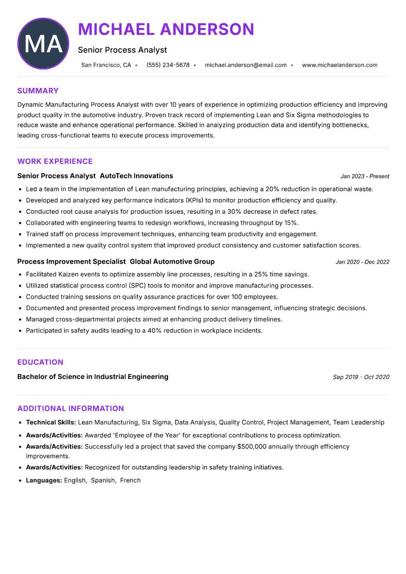 Manufacturing Process Analyst resume example — ATS-friendly template