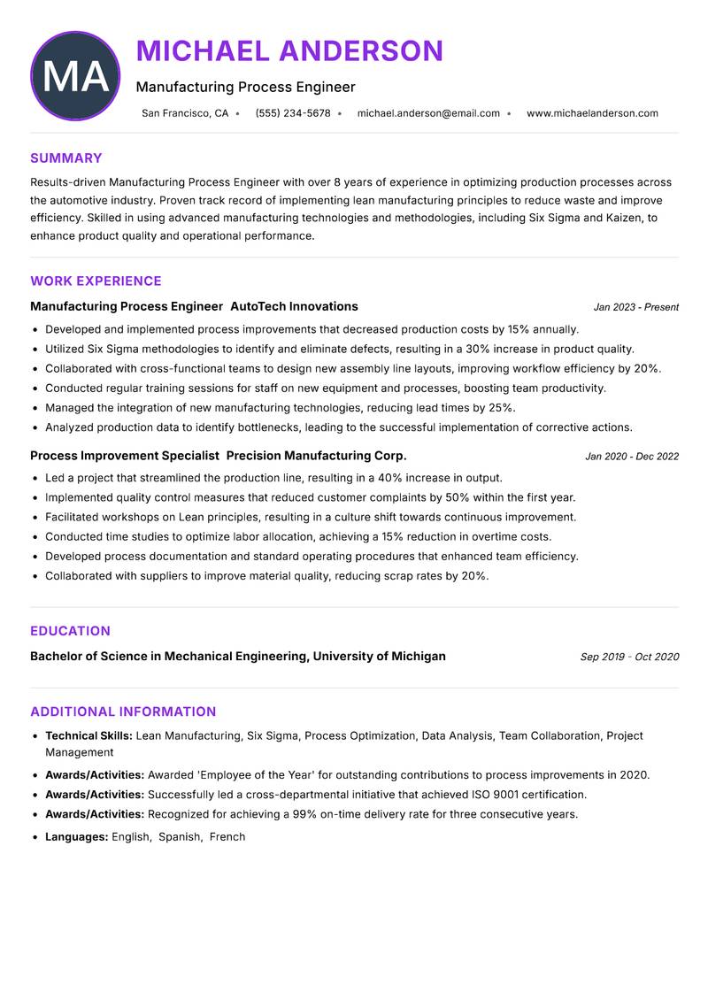 Manufacturing Process Engineer resume example — ATS-friendly template