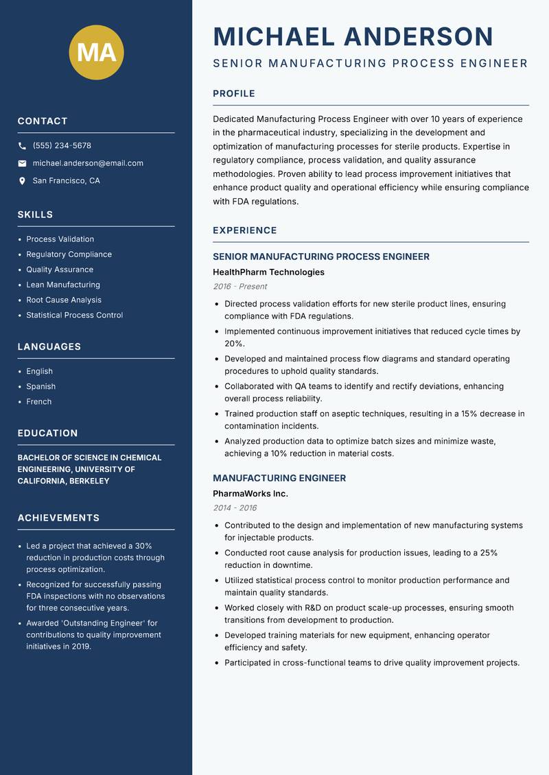 Manufacturing Process Engineer resume template — Classic Clean