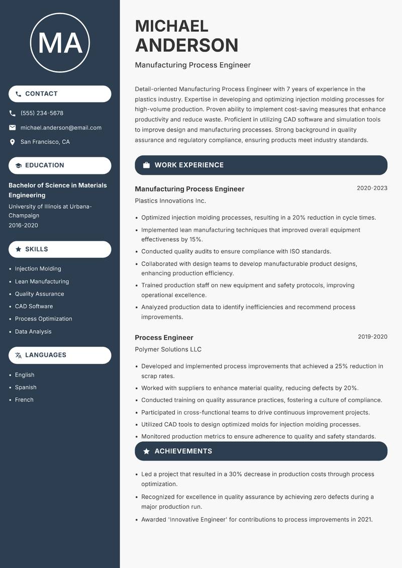 Manufacturing Process Engineer resume template — Compact