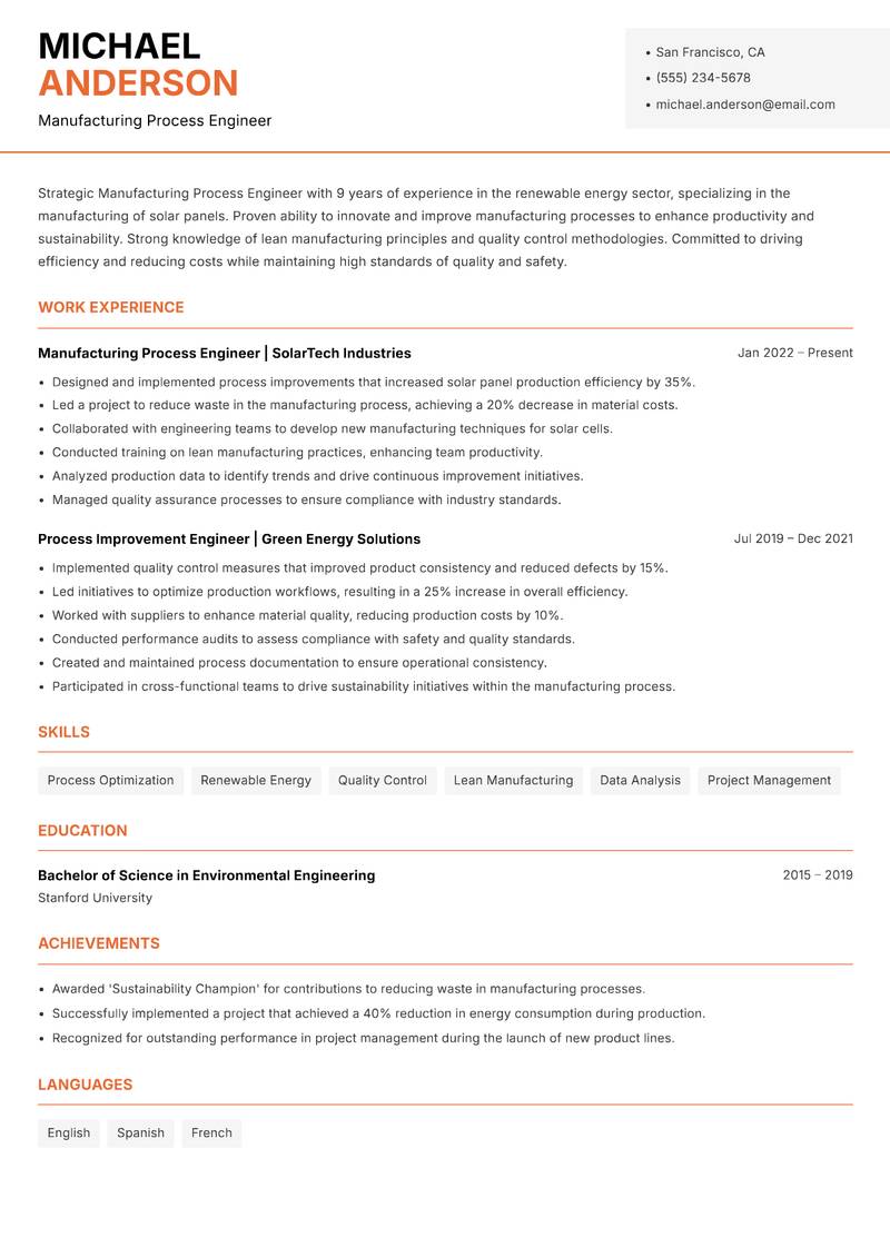 Manufacturing Process Engineer resume template — Modern Professional