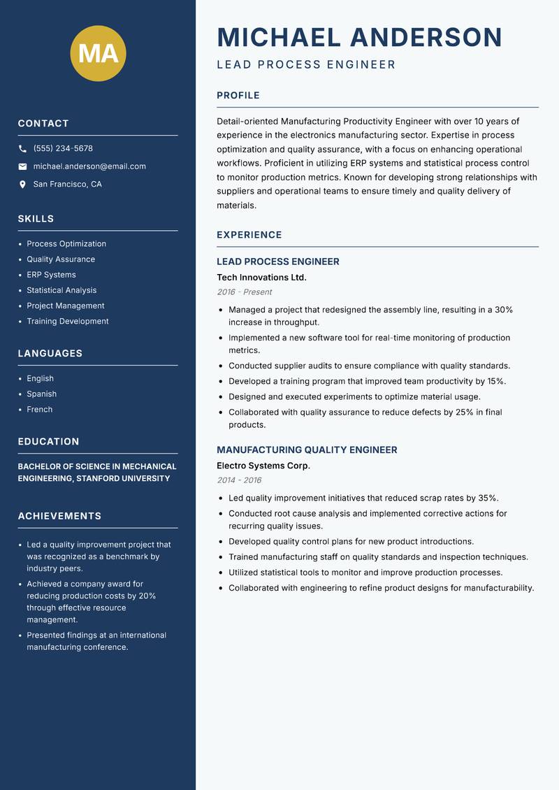 Manufacturing Productivity Engineer resume template — Classic Clean