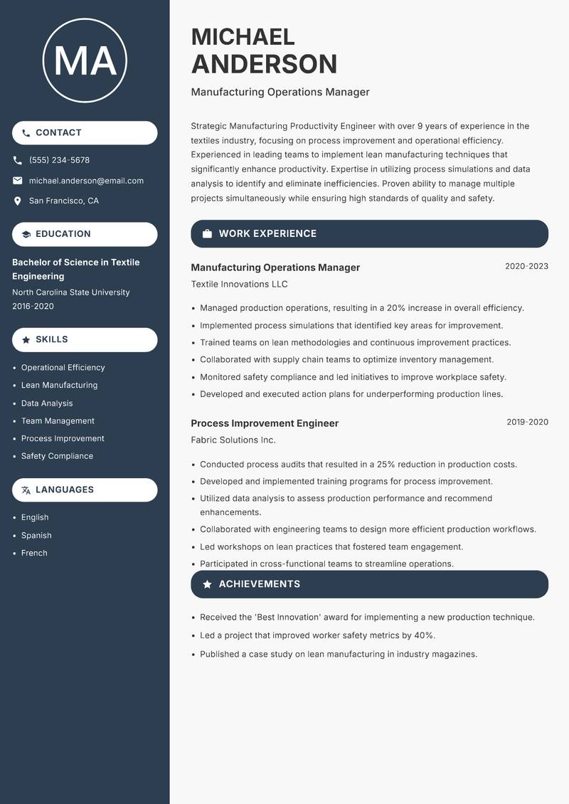 Manufacturing Productivity Engineer resume template — Compact