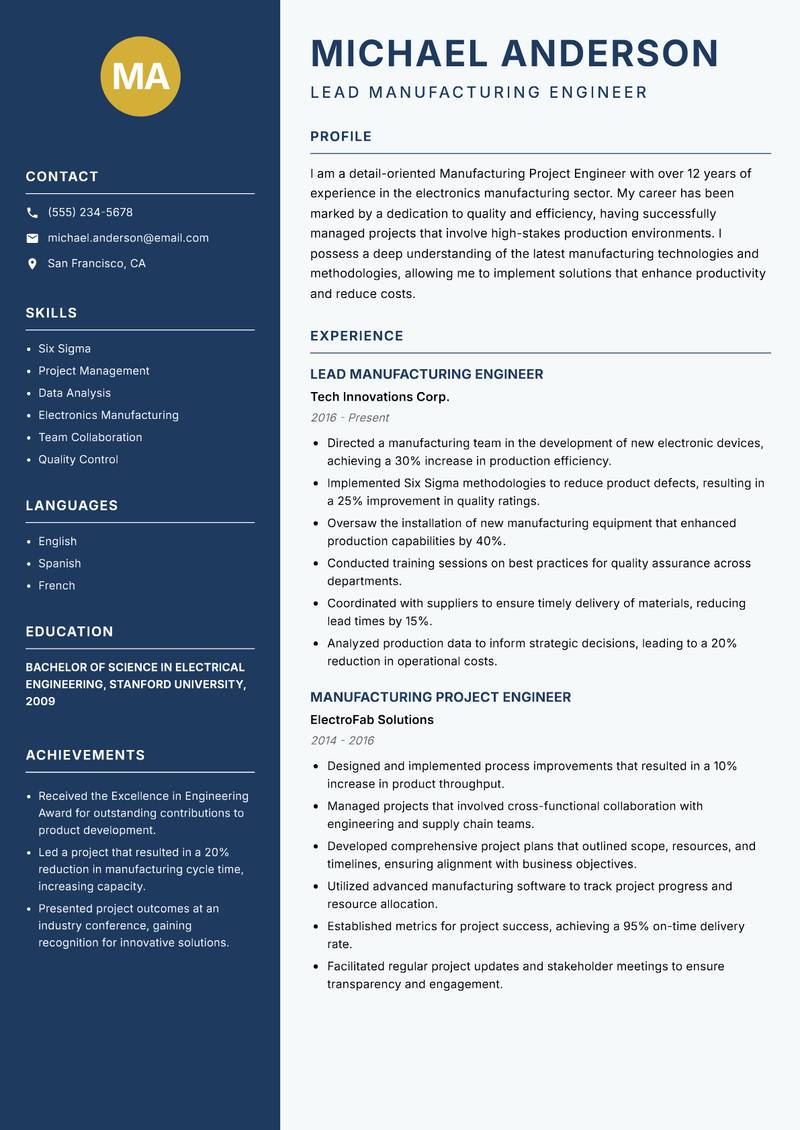 Manufacturing Project Engineer resume template — Classic Clean