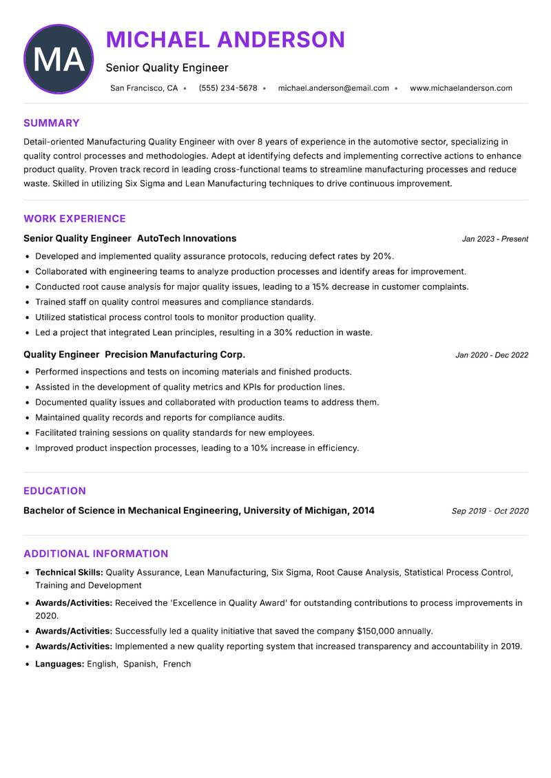Manufacturing Quality Engineer resume example — ATS-friendly template