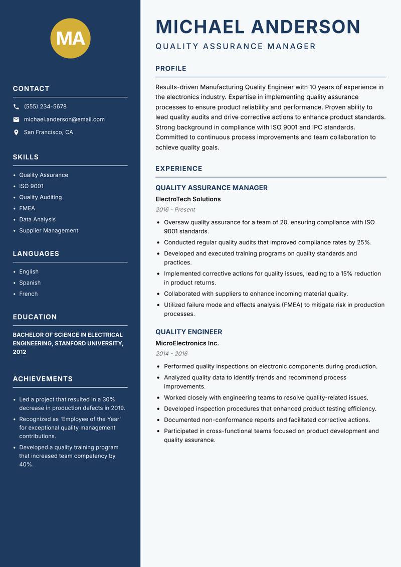 Manufacturing Quality Engineer resume template — Classic Clean