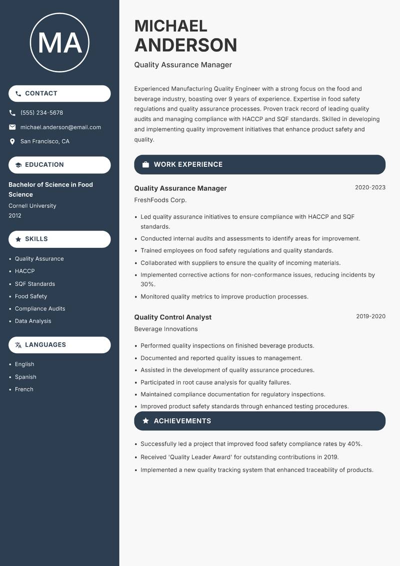 Manufacturing Quality Engineer resume template — Compact