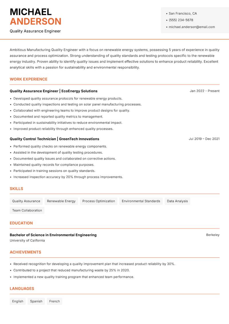 Manufacturing Quality Engineer resume template — Modern Professional