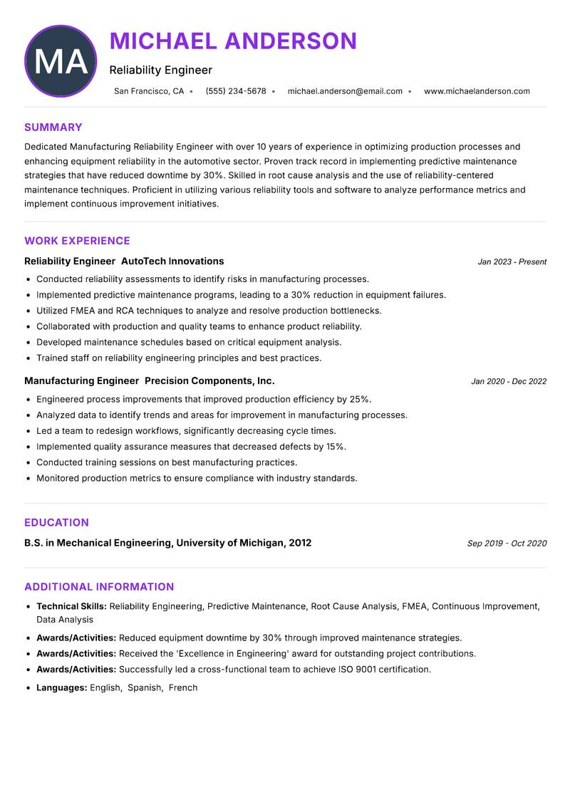 Manufacturing Reliability Engineer resume example — ATS-friendly template