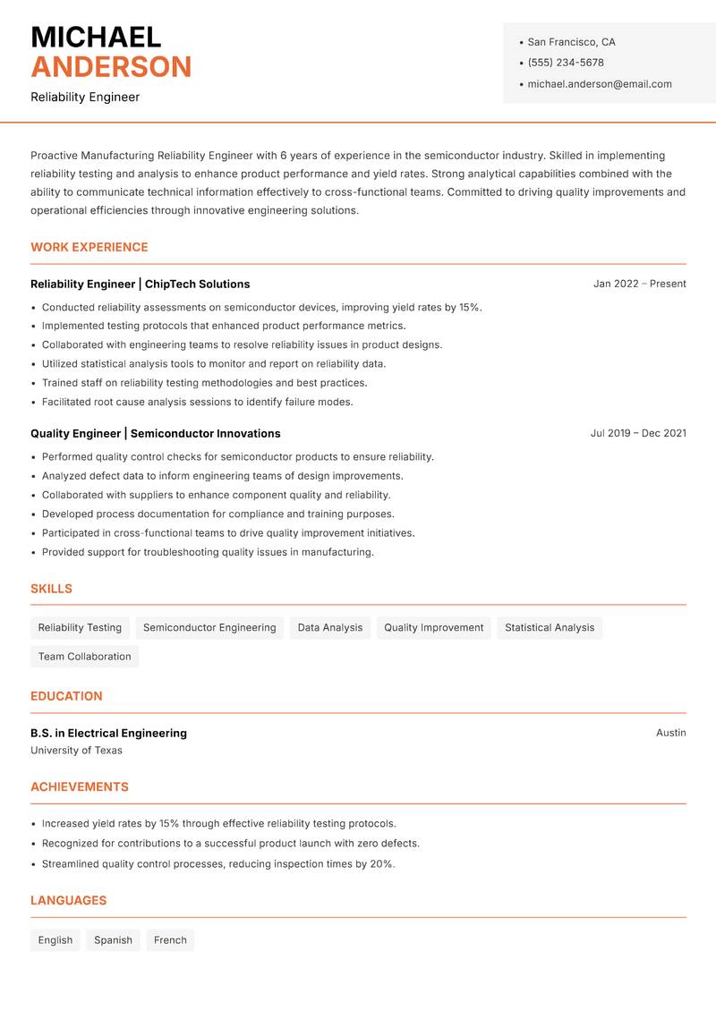 Manufacturing Reliability Engineer resume template — Modern Professional