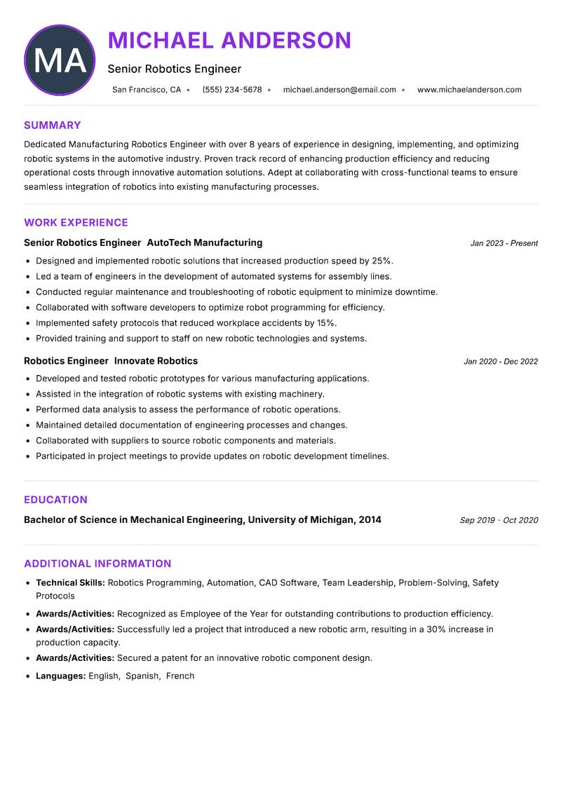 Manufacturing Robotics Engineer resume example — ATS-friendly template