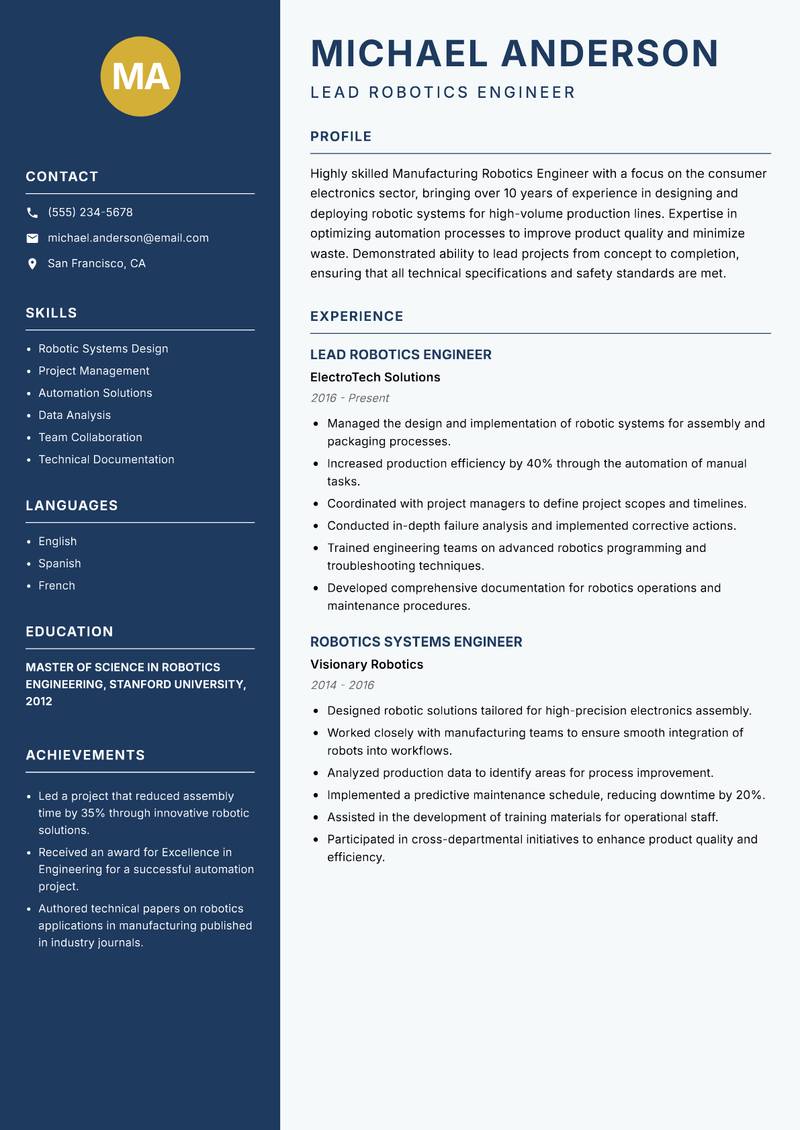 Manufacturing Robotics Engineer resume template — Classic Clean