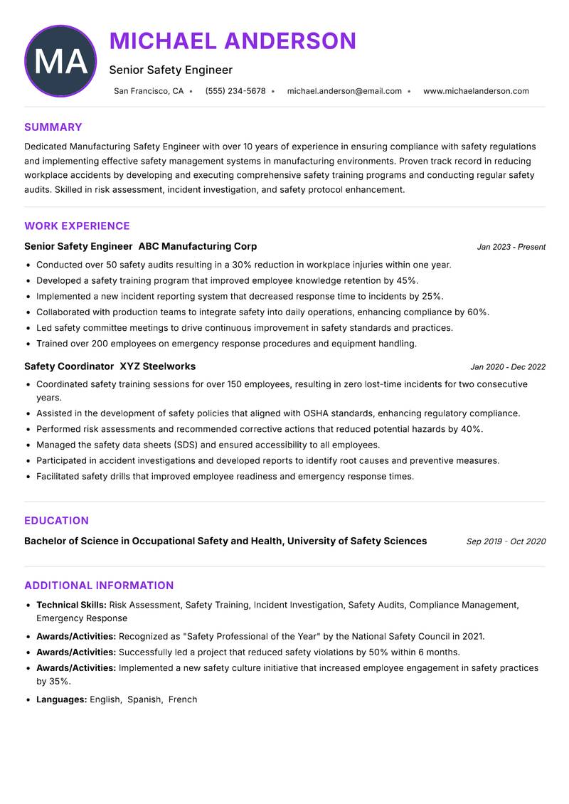 Manufacturing Safety Engineer resume example — ATS-friendly template