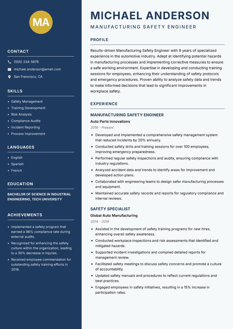 Manufacturing Safety Engineer resume template — Classic Clean